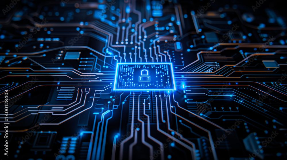 Poster digital security: a glowing digital circuit board features an illuminated lock symbol, representing 
