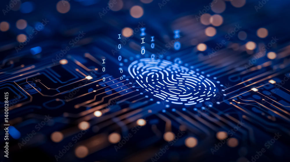 Poster digital fingerprint on circuit board: intricate illuminated fingerprint overlayed on a complex circu