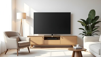 Modern Living Room with Blank Flat Screen TV, Mini Sofa, and Small Tree