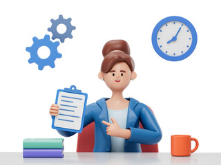 A woman reviews a document at a desk, symbolizing work, planning, or organization. 3D rendering, conceptual image. Isolated on white background.