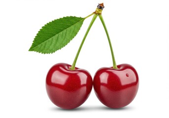 A close up of two red cherries with stems and a leaf on a white background in a studio setting