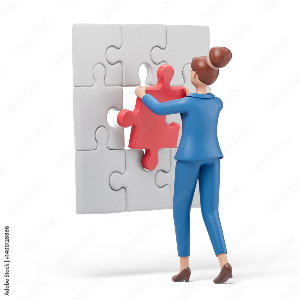 Poster a woman places a red puzzle piece, symbolizing solving a problem or completing a task. 3d rendering,