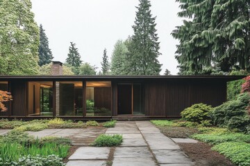 Fototapeta premium Serene Modern Home Exterior with Lush Greenery and Stone Pathway on a Cloudy Day Capturing Architectural Beauty and Natural Harmony in a Peaceful Setting