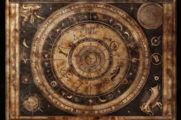 Metallic zodiac chart with an aged parchment texture and astrological symbols