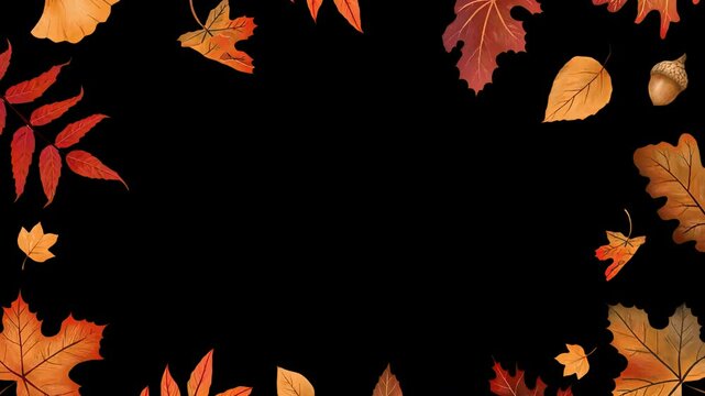Autumn leaves and acorn scattered animated overlay, transparent 4K video, alpha channel, ProRes 4444