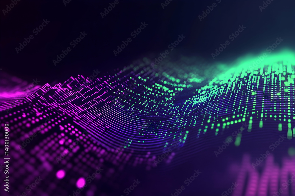 Poster a dynamic visualization of data points forming abstract wave patterns.