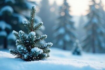 Single spruce branch against a snowy backdrop, frosty, snowflakes, landscape photography