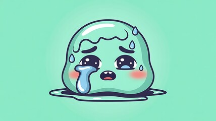 Fototapeta premium A cute, melting green blob character is crying, showing sadness and vulnerability.