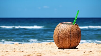 Refreshing coconut drink on tropical beach serene ocean view natural landscape summer vibes