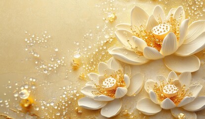 Delicate, sculpted lotus blossoms in soft cream tones, accented with gold accents and water droplets