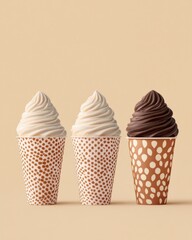Trio of Delicious Soft Serve Ice Cream Cones with Vanilla and Chocolate Flavors on a Creamy Background