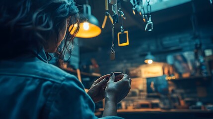 Fototapeta premium Woman Craftsperson Inspecting Jewelry in Workshop Dark Moody Ambiance