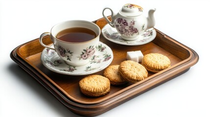 Tea tray, biscuits, cup, sugar, isolated with white background
