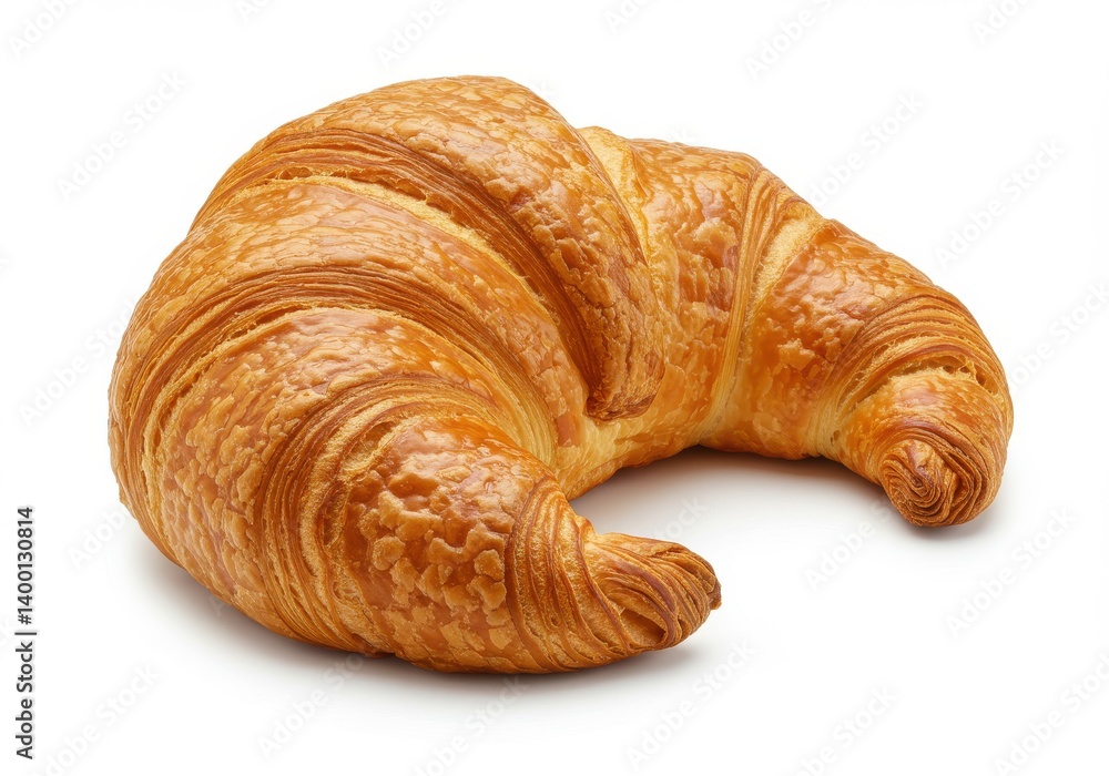 Poster a single golden brown croissant on a white background with visible flaky layers and crescent shape d
