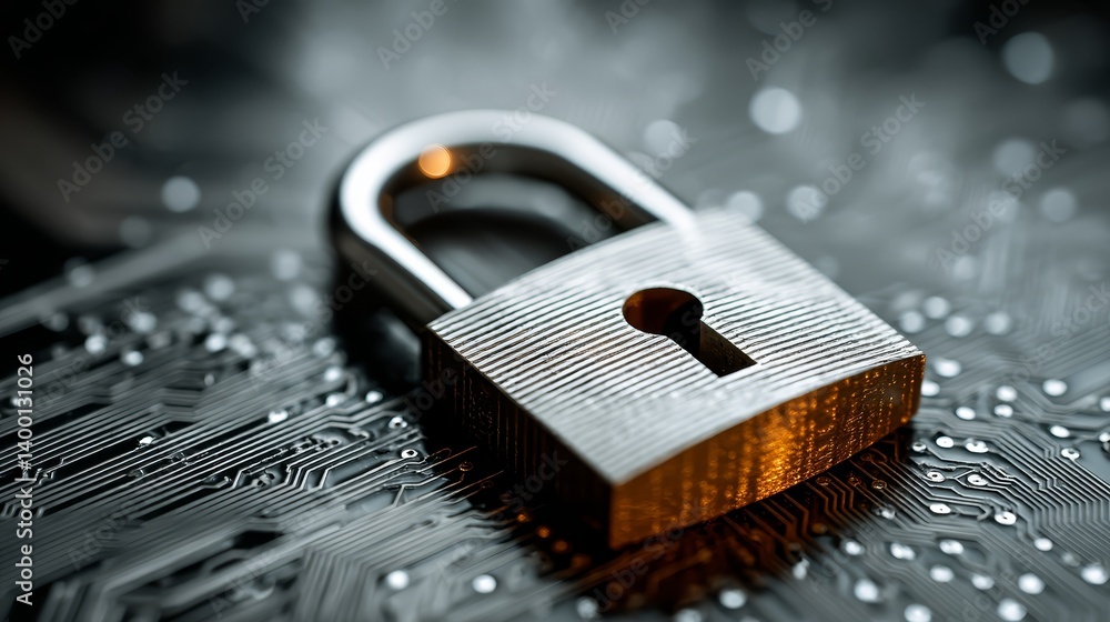 Poster digital security, padlock protecting sensitive data on a circuit board closeup