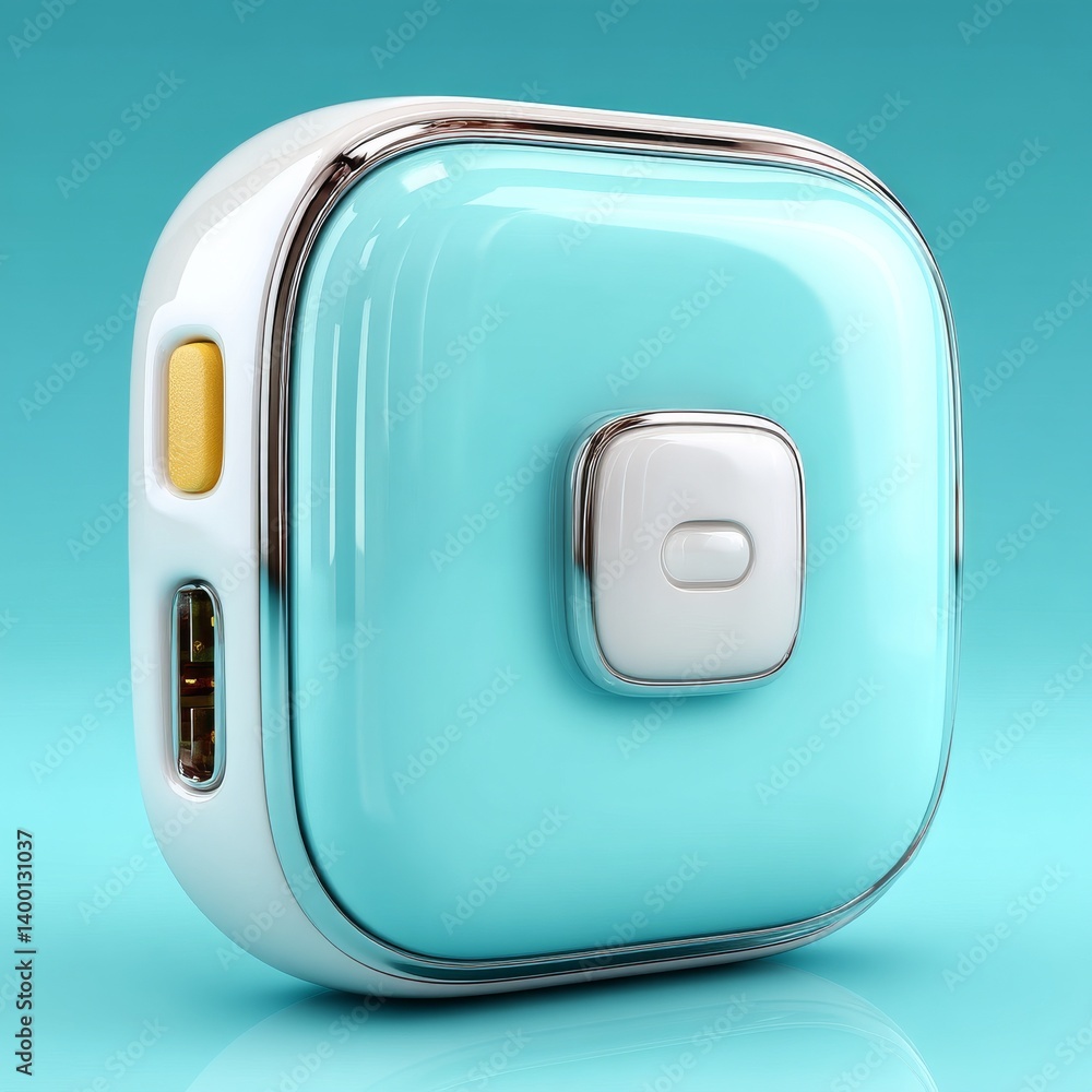 Aufkleber a retro-futuristic device: a stylized, rounded cube in teal, white, and chrome on a matching backgro