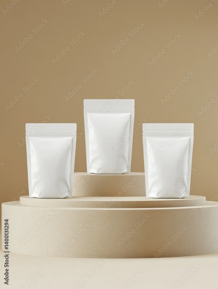 Poster three white pouch mockups on a beige podium display with a minimalist style and soft lighting ideal 