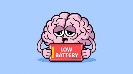 Tired brain holding a 'low battery' sign, symbolizing mental exhaustion and needing rest.