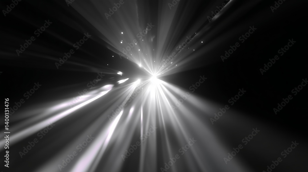 Poster bright light beams radiating through a dark space creating a dynamic visual experience during nightt