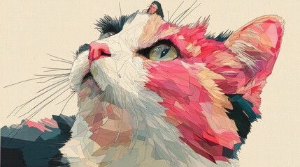 Whimsical colorful cat face illustration, vibrant and artistic representation of feline friend