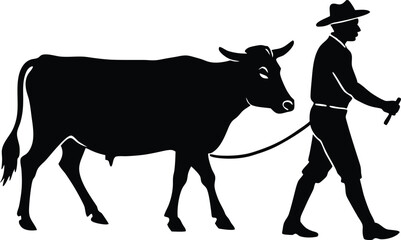 Silhouette of Farmer leading a cow