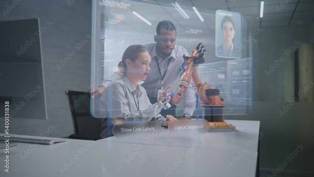 Fototapete futuristic office: two diverse engineers working on advanced robotic arm using augmented reality tec
