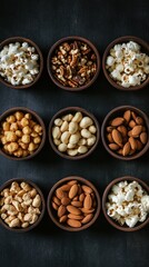 Overhead shot of assorted nuts and popcorn in wooden bowls on a dark background studio shot healthy snack food photography