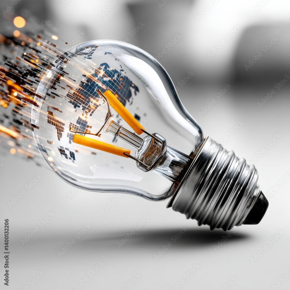Poster global innovation: a lightbulb sparking a world of connections and ideas for a bright future.