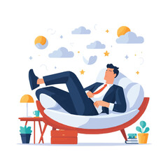 Businessman relaxing on lounge chair with laptop surrounded by cloud computing icons symbolizing remote work freedom digital nomad lifestyle and technology flexibility