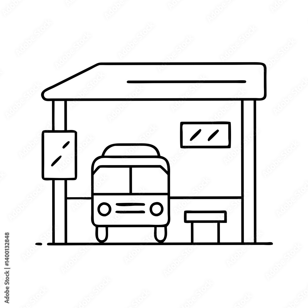 Poster simple line drawing of a bus stop with a bus waiting at the shelter
