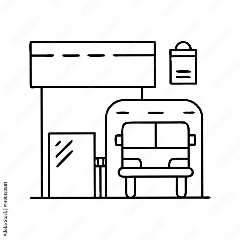 Poster simple line drawing of a bus stop with a bus
