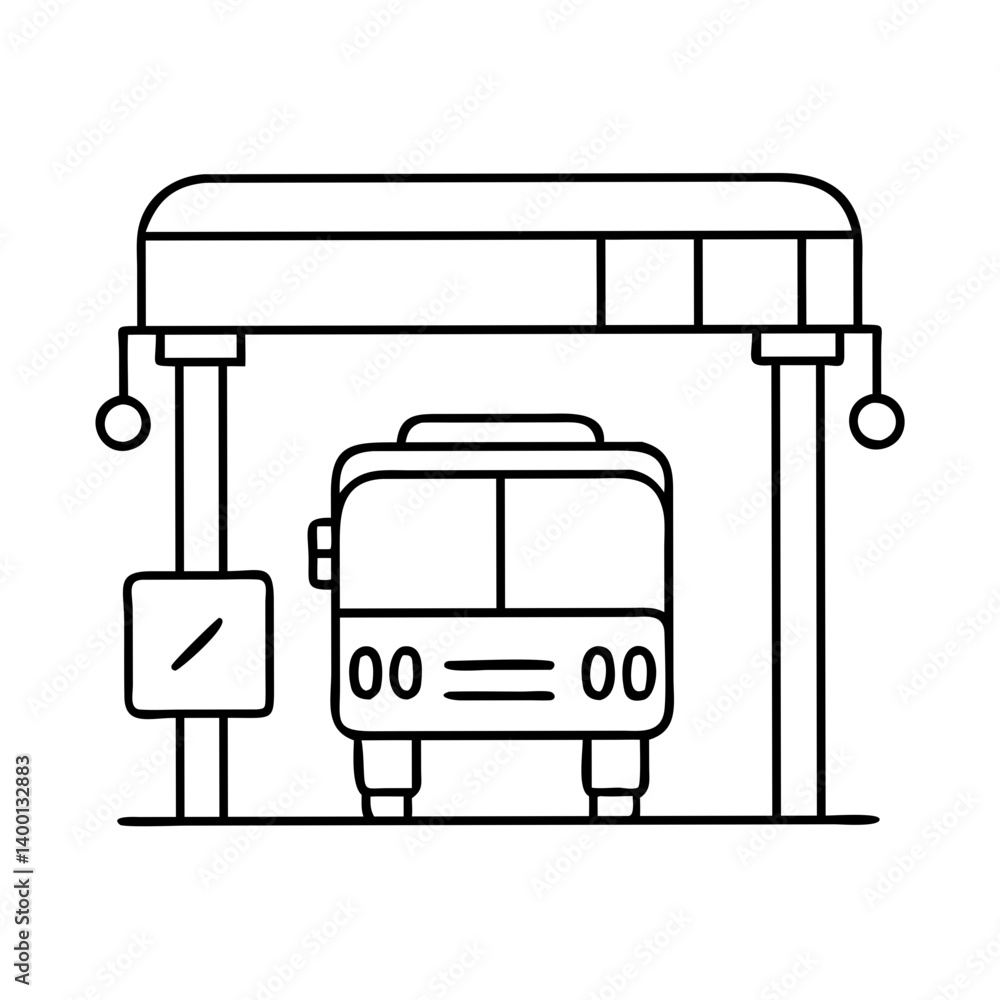 Aufkleber simple line drawing of a bus at a covered bus stop with overhead pedestrian crossing