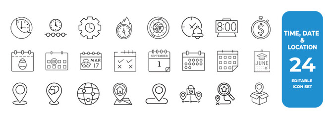Time, date and location editable stroke outline icon
