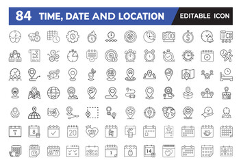 Time, date and location editable stroke outline icon
