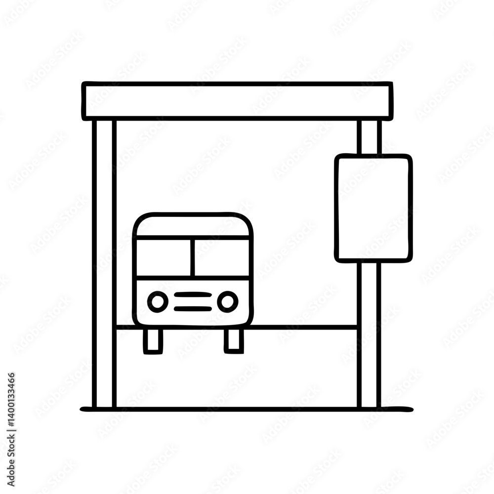 Poster simple line drawing of a bus stop with a bus and sign