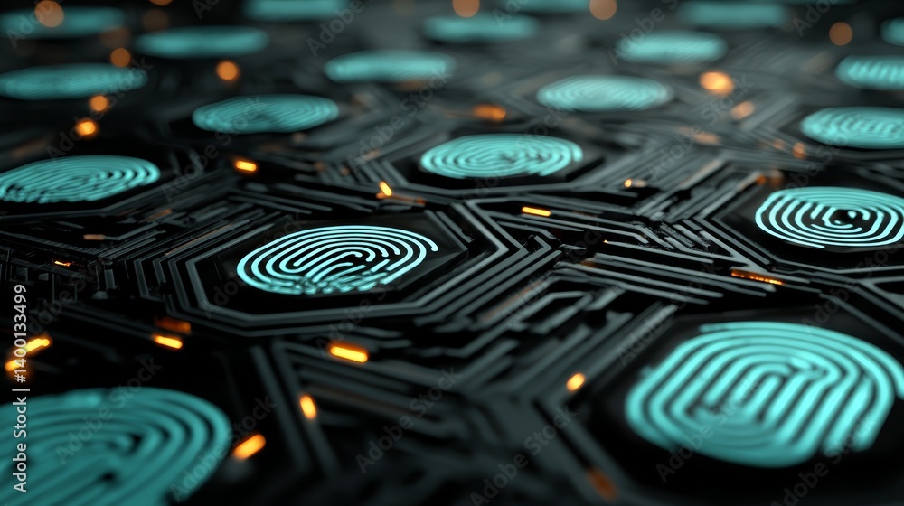 Poster fingerprint on computer chip, cybersecurity and data protection in the digital age