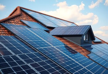 Fototapeta premium Modern solar panels seamlessly integrated onto a pitched roof, photovoltaic, home energy