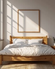 Serene bedroom interior with sunlight casting shadows on the wall above wooden bed frame and white bedding creating a peaceful and inviting atmosphere