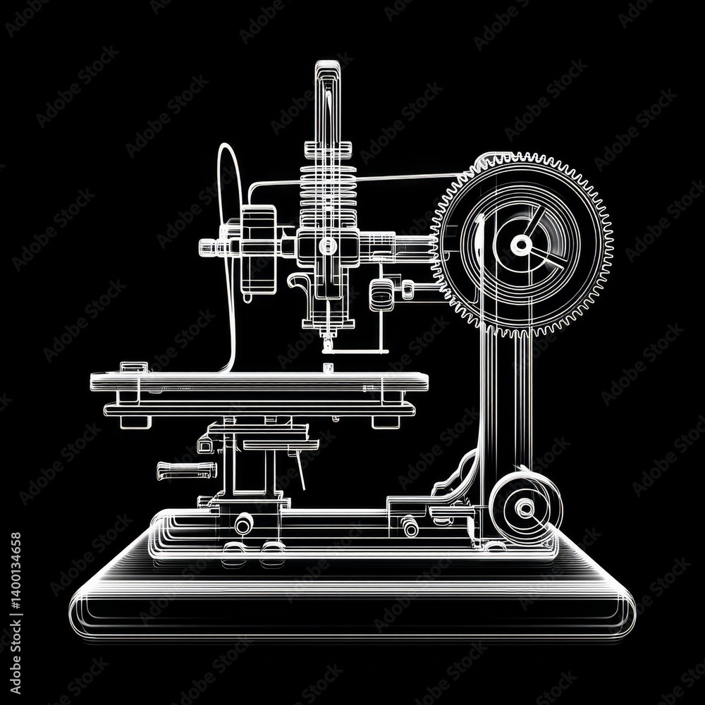 Poster precision engineering: a ghostly white outline of a complex milling machine against a stark black ba