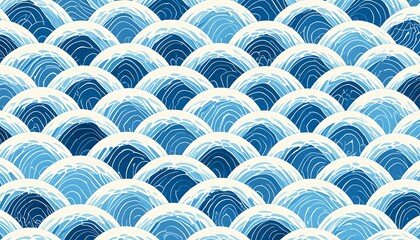 Seamless Traditional Japanese Wave Pattern in Blue and White. A seamless vector pattern of Seigaiha – traditional Japanese ocean waves – in blue on white background. Perfect for cultural, t
