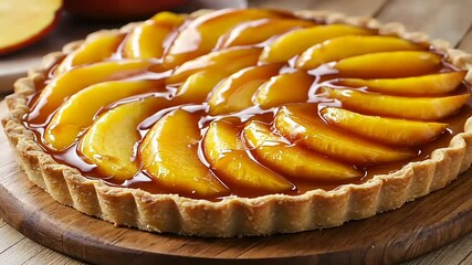 Delicious peach tart with glossy caramel glaze displayed on a wooden board, surrounded by fresh fruits - Powered by Adobe