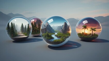 Three glass spheres showcasing miniature landscapes – forest, mountains, and tropical beach scenes inside crystal spheres, representing nature, travel and environmental beauty in a 3D artistic design.
