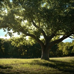 Obraz premium Majestic oak tree basking in sunlight on a vibrant green meadow with a serene forest background in summer
