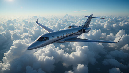 Private jet, sleek design flying above clouds photorealistic dramatic lighting high-detail luxury aircraft aerial view dynamic angle silver fuselage blue sky cumulus clouds