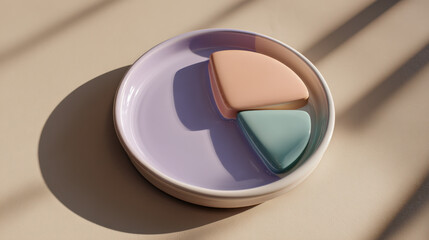 A ceramic dish with a smooth matte pie chart design, composed of lavender, turquoise