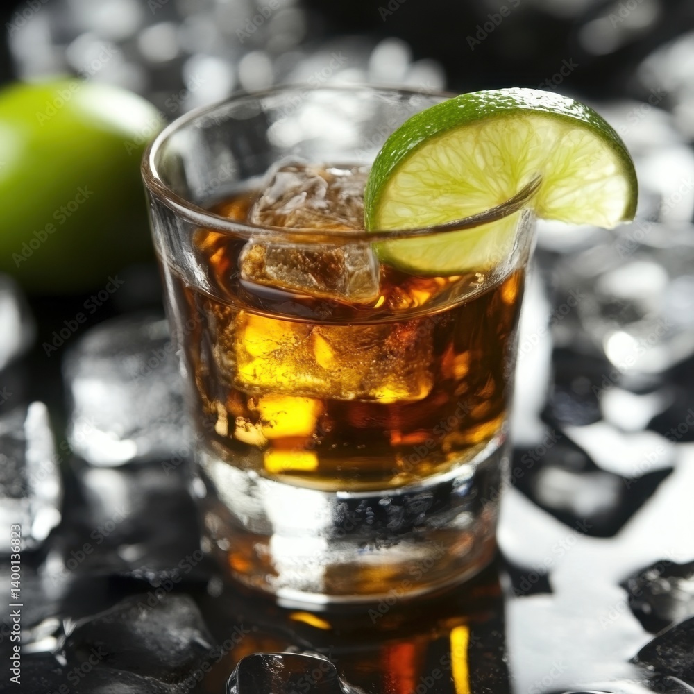 Poster refreshing rum cocktail with ice cubes and lime slice on a wet black surface in a bar setting close 