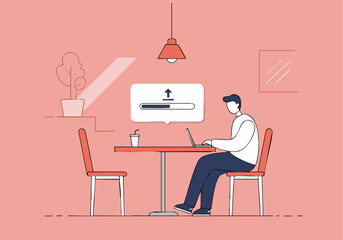 A man sits at a table, focused on his laptop, with a loading bar visible on the screen. Simple, modern interior with warm lighting. Ideal for tech, waiting, or progress concepts.