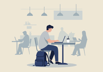 A young man sits at a table in a modern cafe, focused on his laptop. Backpack nearby. Clean, minimalist design. Ideal for lifestyle and business concepts.