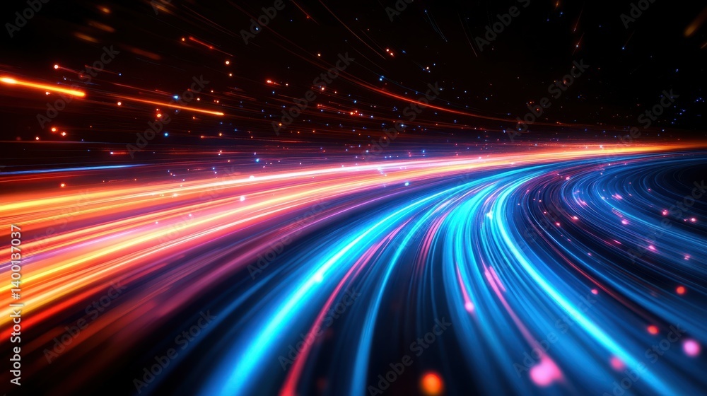 Poster dynamic flow of colorful light trails in a cosmic space landscape at high speed motion