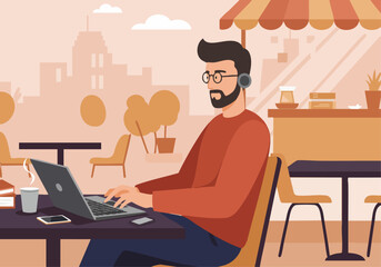 A man with a beard works on a laptop at an outdoor cafe. He wears glasses and a red sweater, enjoying a coffee with a city backdrop. Relaxed, modern lifestyle.